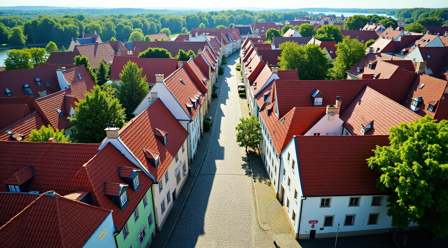 Klaipėdos senamiesčio panoraminis vaizdas su Fachverko namais ir žaliomis stogo dangomis