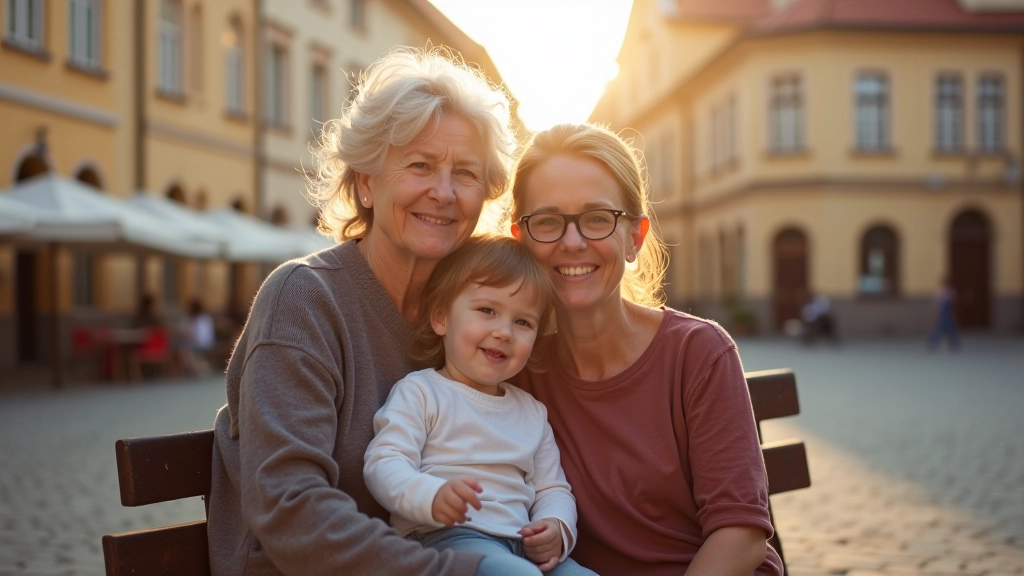 Šeima sėdi lauke senamiesčio parke, šypsosi ir naudojasi vadovu