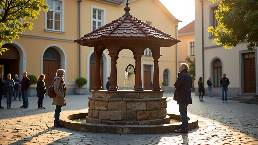 Senamiesčio šulinys su mediniais elementais, žmonės stovint šalia, žiūrint į objektą, ramūs, šviesūs