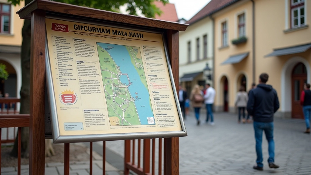 Informacinis ženklas senamiestyje su žemėlapiu ir numeriais, turėklai iš medžio ir metalo