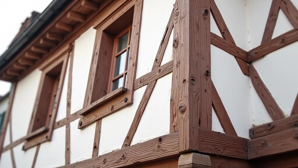 Detalūs Fachverko namo medžio rėmo fragmentai su baltu tinku, tradicinis mokymo stiliaus pastatų priešakyje