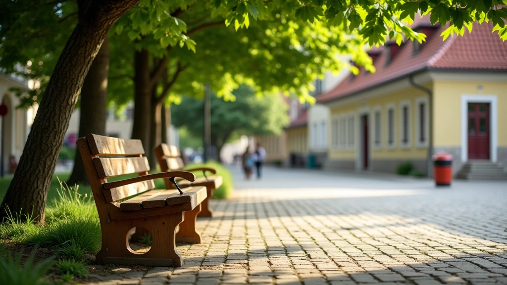 Suoliukai senamiesčio skvere su atlošais, žalias medis šešėlyje, saugi vieta pailsėti